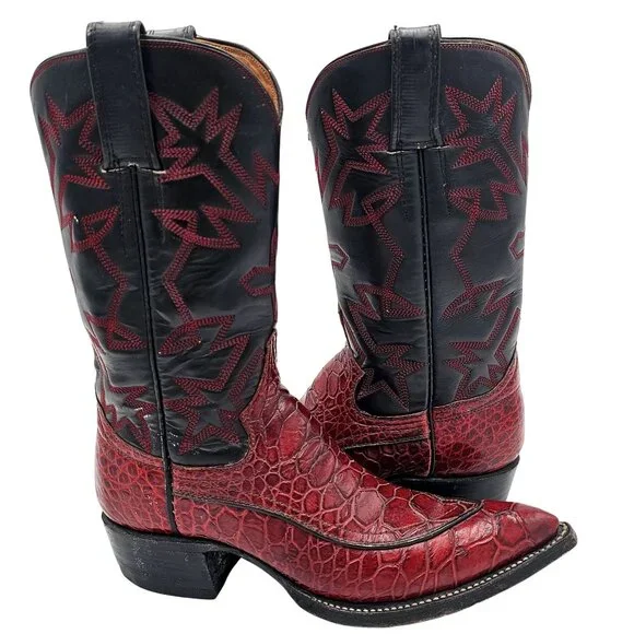 Vintage Preban Exotic Womens 5.5A Dark Cherry Red Black Cowboy Western Boots - Picture 9 of 16